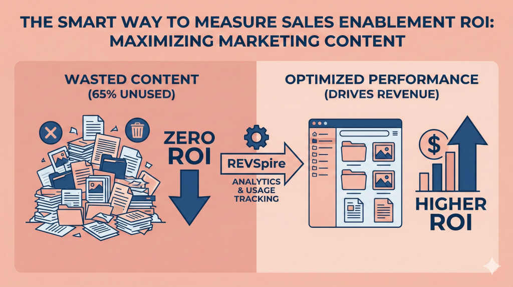 Infographic titled "THE SMART WAY TO MEASURE SALES ENABLEMENT ROI: MAXIMIZING MARKETING CONTENT". The left panel, labeled "WASTED CONTENT (65% UNUSED)", shows a large, disorganized pile of documents and digital files with a red "X" mark and a trash bin icon, pointing to a large "ZERO ROI" label with a downward arrow. The right panel, labeled "OPTIMIZED PERFORMANCE (DRIVES REVENUE)", displays a clean, organized digital library with folders and content icons, pointing to a bar chart icon with a large upward arrow and a dollar sign, with a label "HIGHER ROI". A central arrow with a gear icon and "RevSpire ANALYTICS & USAGE TRACKING" connects the two panels.