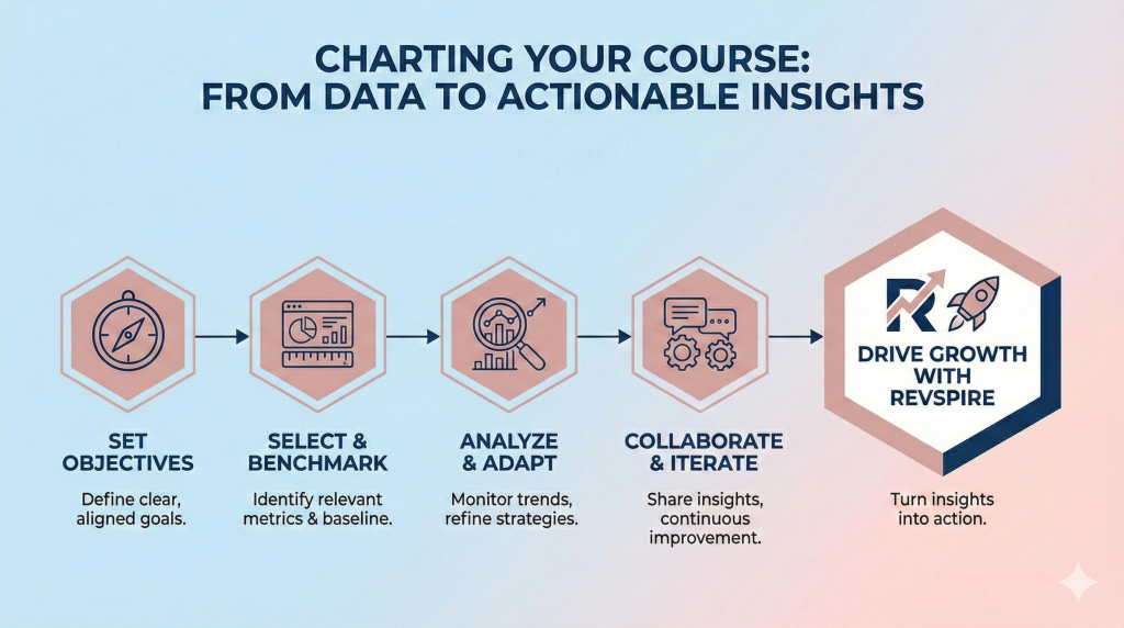 A flowchart infographic titled "CHARTING YOUR COURSE: FROM DATA TO ACTIONABLE INSIGHTS." It shows a sequence of four hexagonal icons connected by arrows: "Set Objectives," "Select & Benchmark," "Analyze & Adapt," and "Collaborate & Iterate." These flow into a final, larger hexagon with the RevSpire logo and a rocket icon, labeled "Drive Growth with RevSpire." The background is a blue-to-pink gradient.