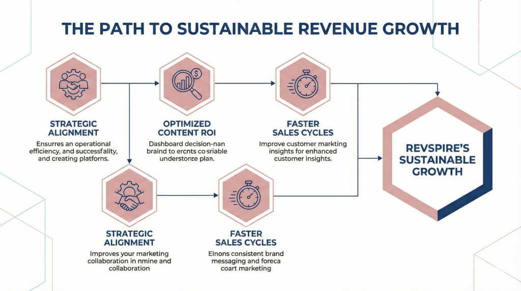 A flowchart titled "The Path to Sustainable Revenue Growth." It features a sequence of hexagonal icons connected by arrows. From left to right, they are "Strategic Alignment," "Optimized Content ROI," and "Faster Sales Cycles," each with a smaller explanatory text block below. These flow into a final, larger hexagon on the right with a thick dark blue border labeled "Revspire's Sustainable Growth."