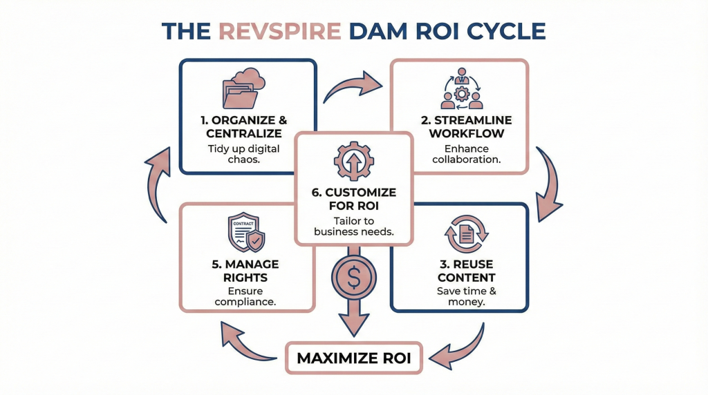 A cyclical infographic titled "THE REVSPPIRE DAM ROI CYCLE". It shows a clockwise flow of six modules: "1. ORGANIZE & CENTRALIZE", "2. STREAMLINE WORKFLOW", "3. REUSE CONTENT", "4. MANAGE RIGHTS", and "6. CUSTOMIZE FOR ROI", all surrounding a central dollar sign. All modules point to a final box: "MAXIMIZE ROI".
