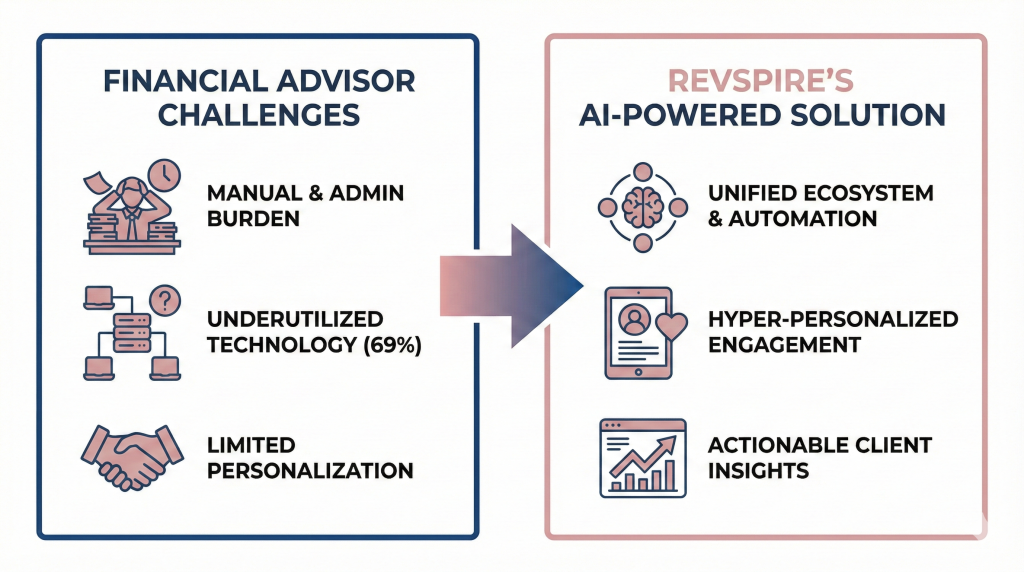 A four-panel infographic titled "Key Revspire Enablement Features." The top-left panel (pink border) is "Engagement Insights," showing a link icon with an eye and a graph. The top-right panel (blue border) is "Modern Client Reach," showing social media icons and a young person. The bottom-left panel (pink border) is "Smart Meeting Prep," showing a calendar with a checklist and a lightbulb. The bottom-right panel (blue border) is "Measurable Training," showing a graduation cap and an analytics dashboard. Each panel includes a brief description of the feature's benefit.