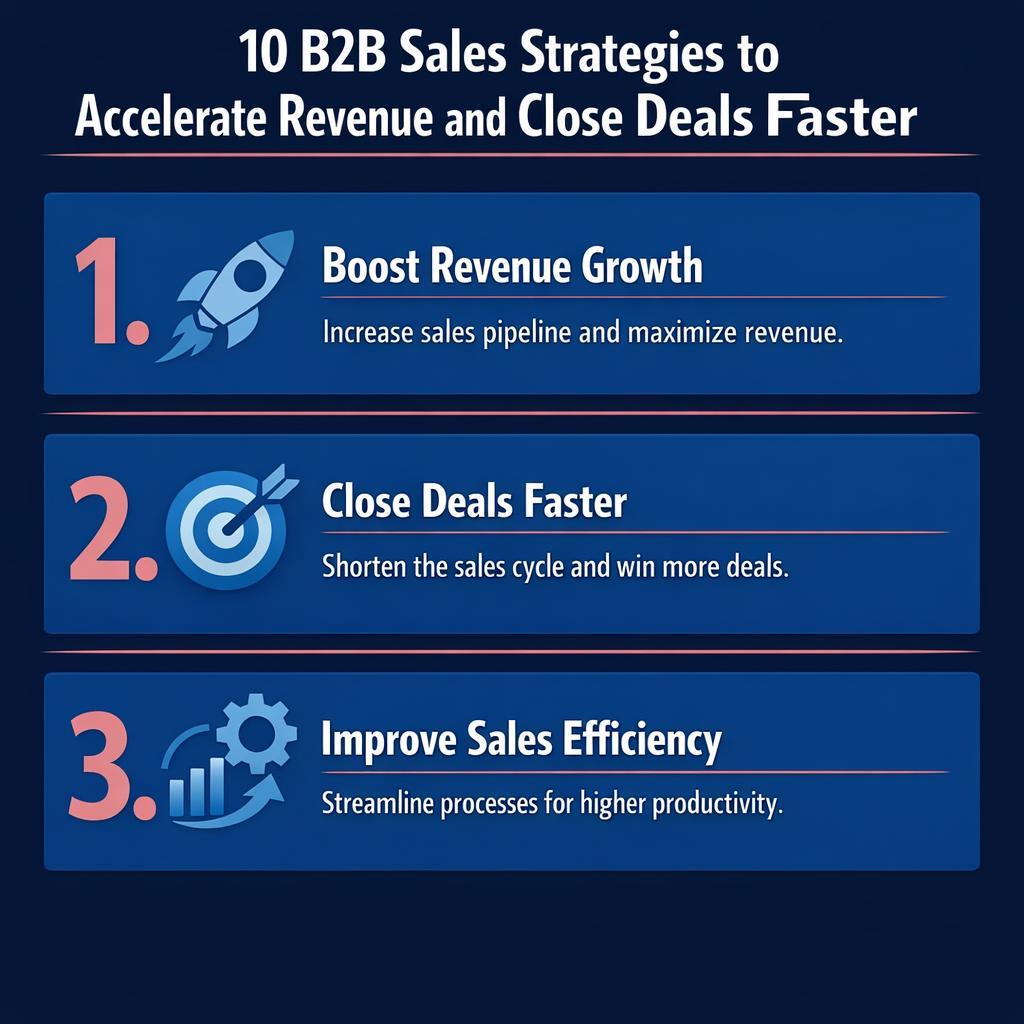 10 B2B Sales Strategies to Accelerate Revenue and Close Deals Faster — key stats, steps and framework infographic for B2B revenue teams | Revspire