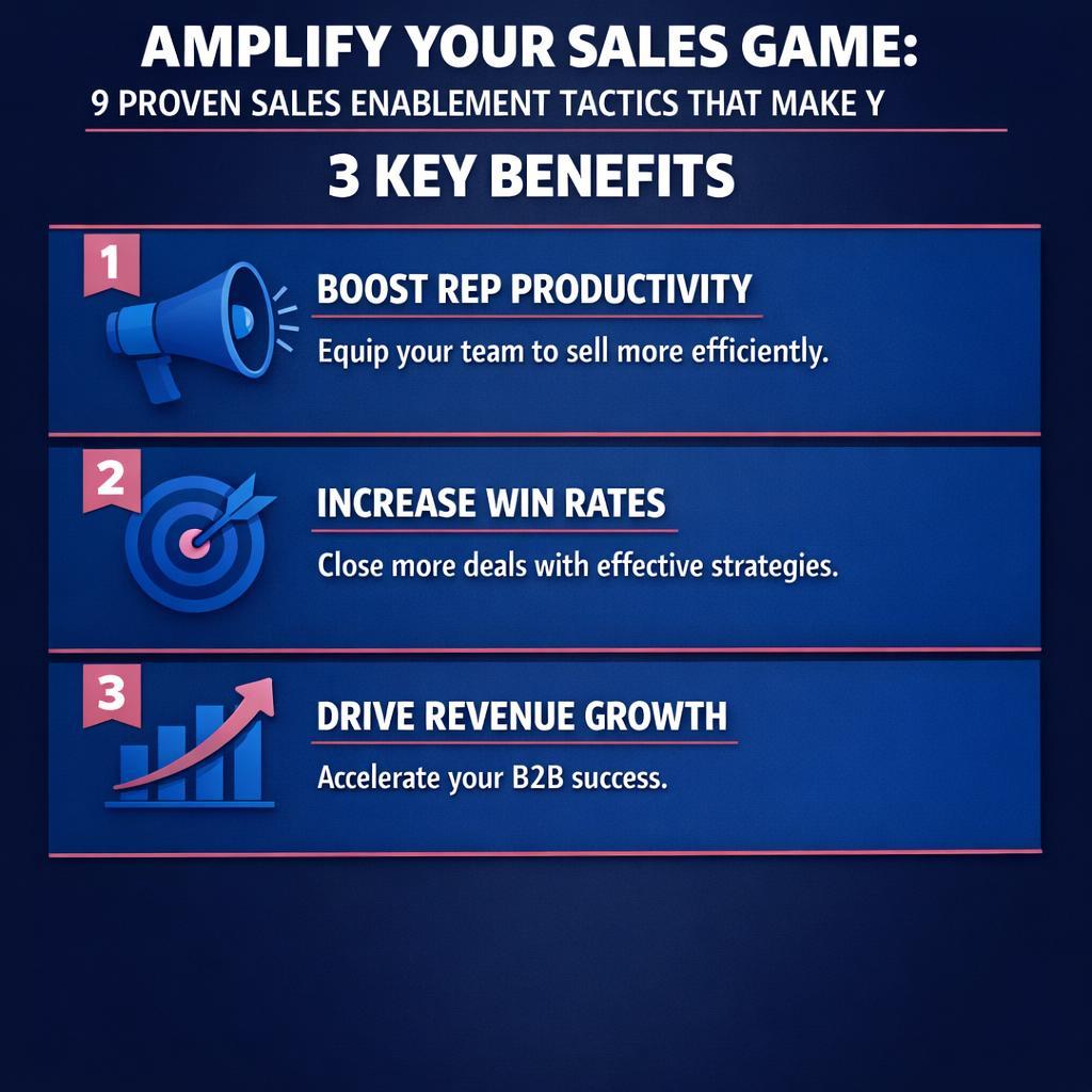 Amplify Your Sales Game: 9 Proven Sales Enablement Tactics that Make Y — key stats, steps and framework infographic for B2B revenue teams | Revspire