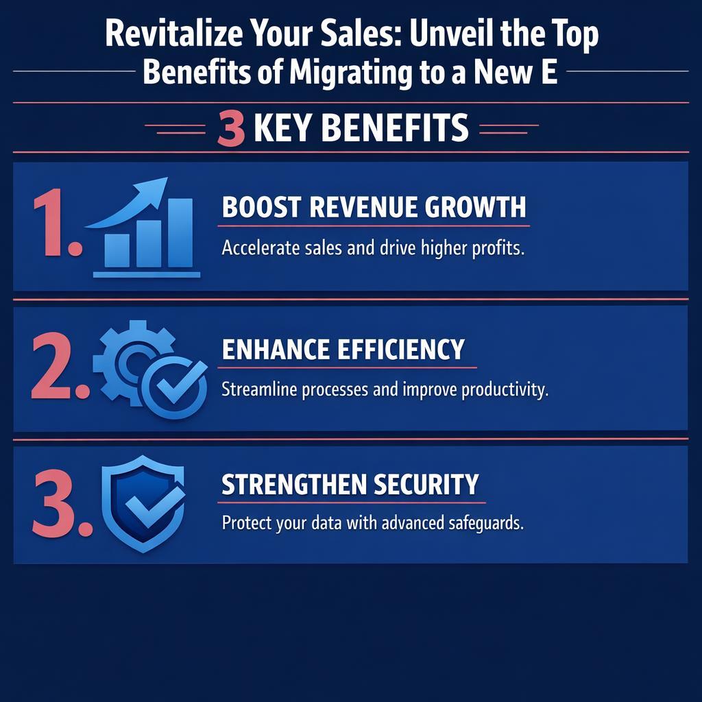 Revitalize Your Sales: Unveil the Top Benefits of Migrating to a New E — key stats, steps and framework infographic for B2B revenue teams | Revspire