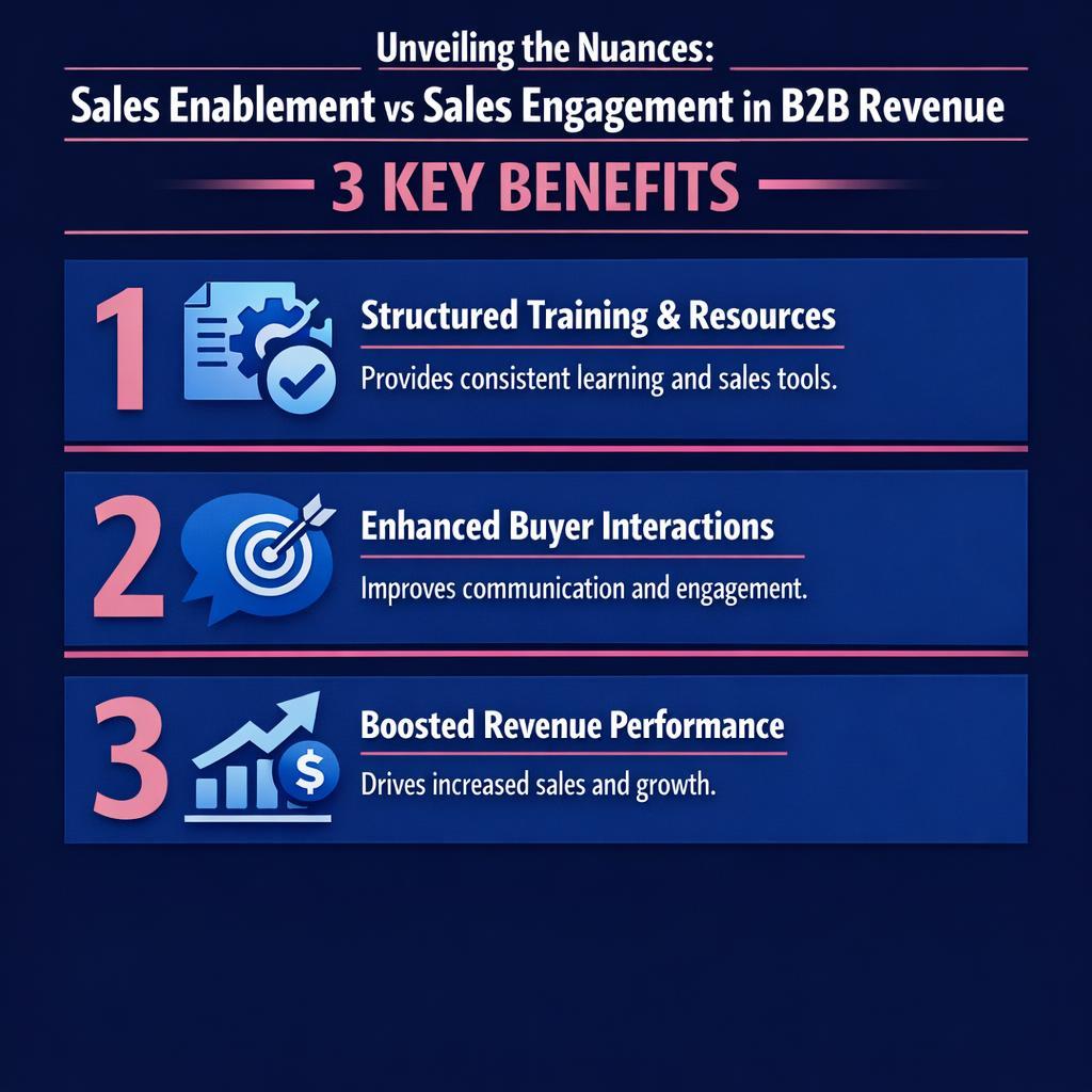 Unveiling the Nuances: Sales Enablement vs Sales Engagement — key stats, steps and framework infographic for B2B revenue teams | Revspire