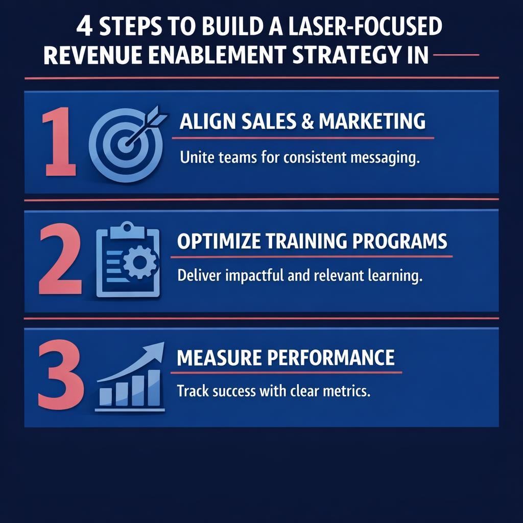 4 Steps to Build a Laser-Focused Revenue Enablement Strategy in — key stats, steps and framework infographic for B2B revenue teams | Revspire