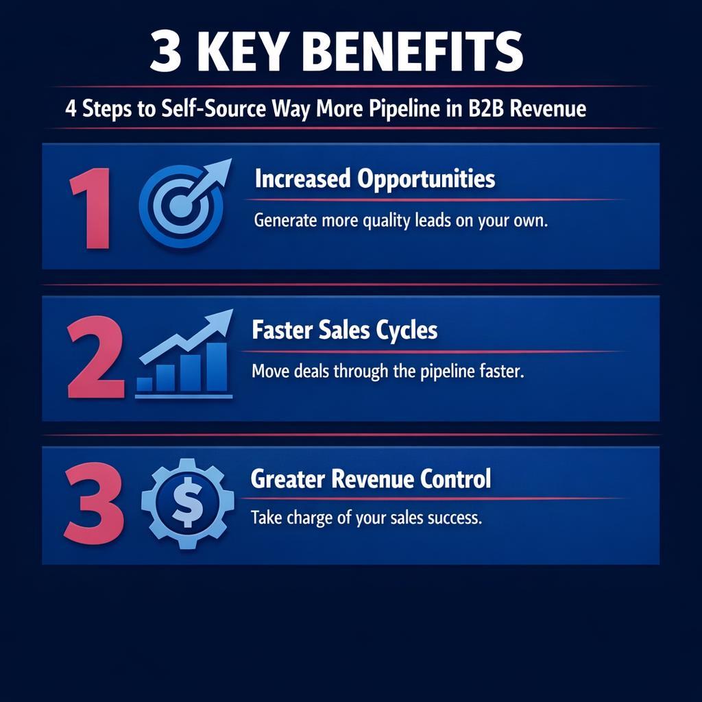 4 Steps to Self-Source Way More Pipeline in — key stats, steps and framework infographic for B2B revenue teams | Revspire