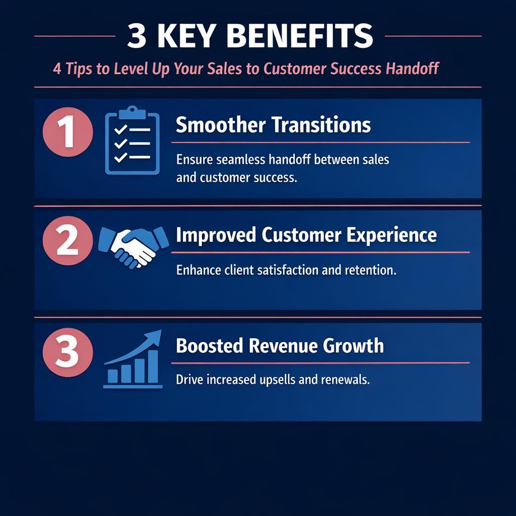 4 tips to level up your sales to customer success handoff — key stats, steps and framework infographic for B2B revenue teams | Revspire