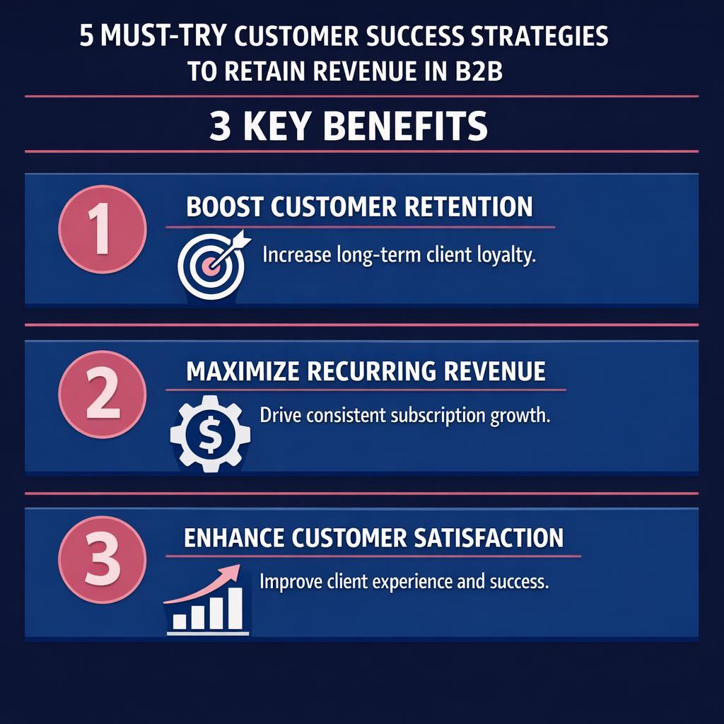 5 Must-Try Customer Success Strategies to Retain Revenue in — key stats, steps and framework infographic for B2B revenue teams | Revspire