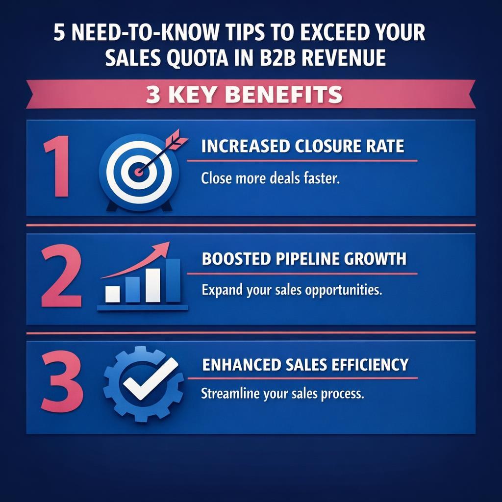 5 Need-to-Know Tips to Exceed Your Sales Quota in — key stats, steps and framework infographic for B2B revenue teams | Revspire