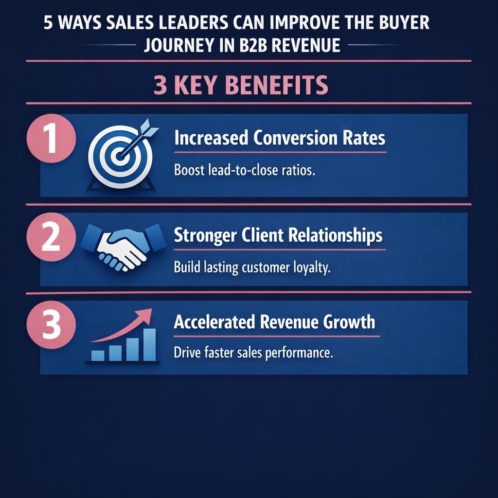 5 Ways Sales Leaders Can Improve the Buyer Journey in — key stats, steps and framework infographic for B2B revenue teams | Revspire