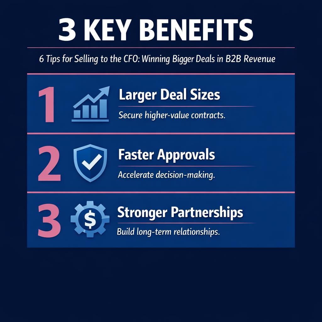 6 Tips for Selling to the CFO ' Winning Bigger Deals in — key stats, steps and framework infographic for B2B revenue teams | Revspire