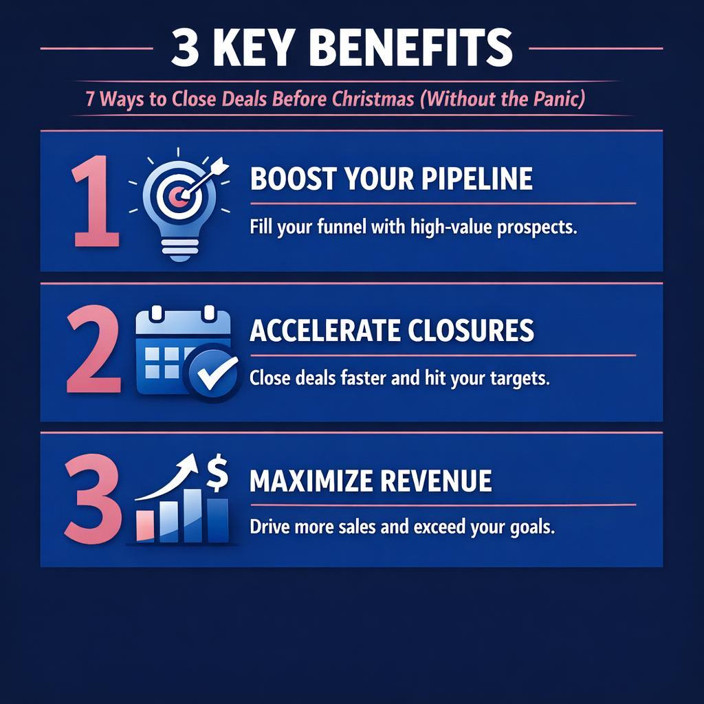 7 Ways to Close Deals Before Christmas (Without the Panic) — key stats, steps and framework infographic for B2B revenue teams | Revspire