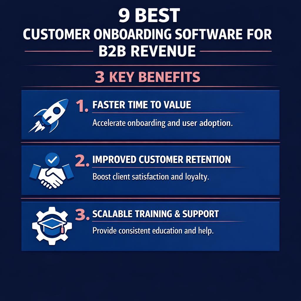 9 Best Customer Onboarding Software for — key stats, steps and framework infographic for B2B revenue teams | Revspire