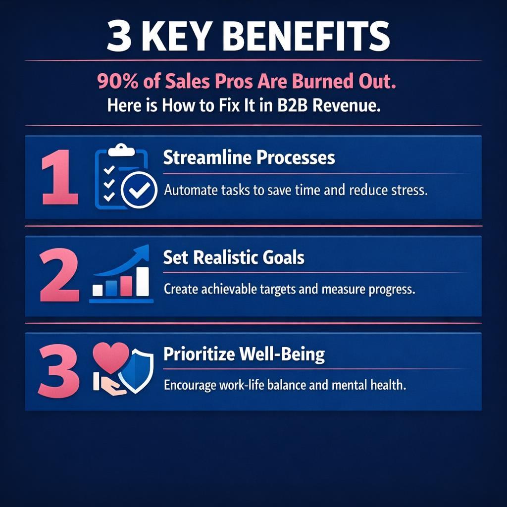 90% of Sales Pros Are Burned Out. Here is How to Fix It in . — key stats, steps and framework infographic for B2B revenue teams | Revspire