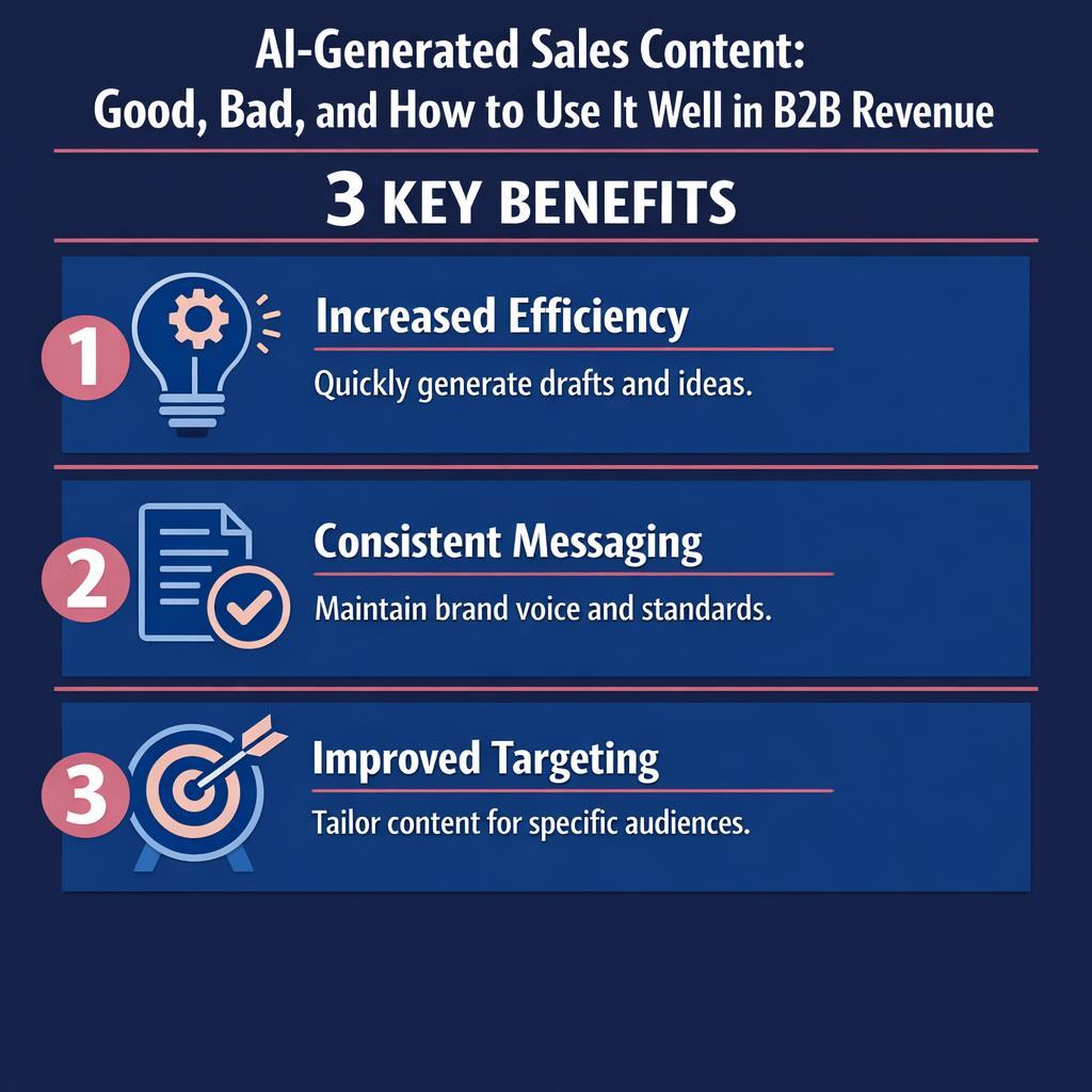 AI-Generated Sales Content: Good, Bad, and How to Use It Well in — key stats, steps and framework infographic for B2B revenue teams | Revspire
