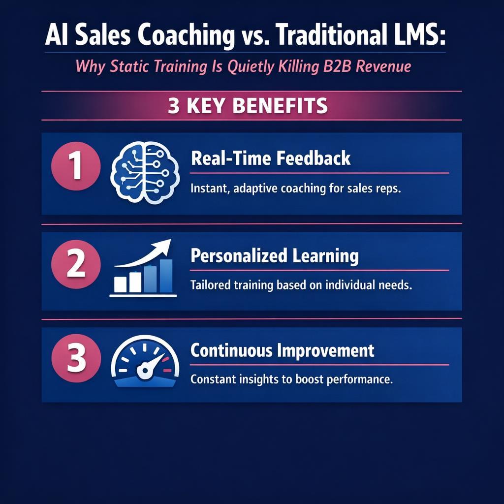 AI Sales Coaching vs. Traditional LMS: Why Static Training Is Quietly  — key stats, steps and framework infographic for B2B revenue teams | Revspire