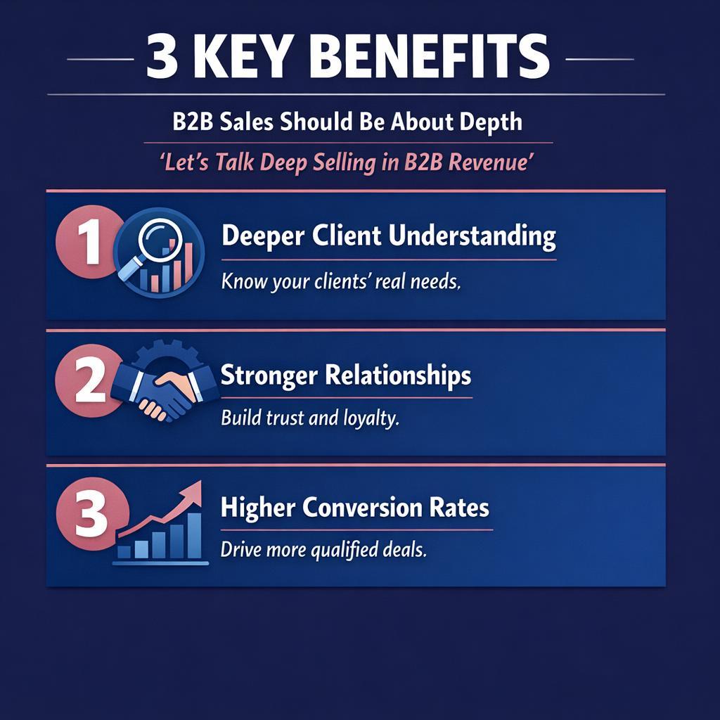 B2B Sales Should Be About Depth ' Let's Talk Deep Selling in — key stats, steps and framework infographic for B2B revenue teams | Revspire