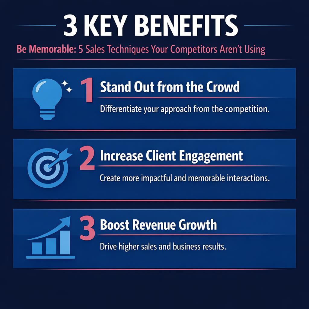 Be Memorable: 5 Sales Techniques Your Competitors Aren’t Using — key stats, steps and framework infographic for B2B revenue teams | Revspire