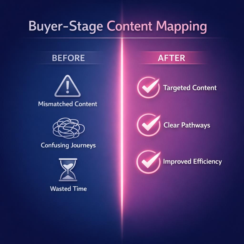 Buyer-Stage Content Mapping — key stats, steps and framework infographic for B2B revenue teams | Revspire