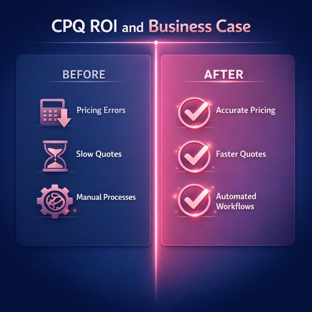 CPQ ROI and Business Case — key stats, steps and framework infographic for B2B revenue teams | Revspire