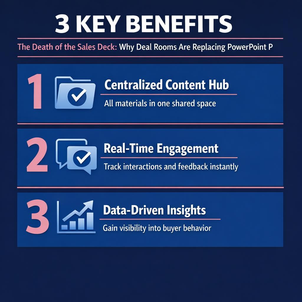 The Death of the Sales Deck: Why Deal Rooms Are Replacing PowerPoint P — key stats, steps and framework infographic for B2B revenue teams | Revspire