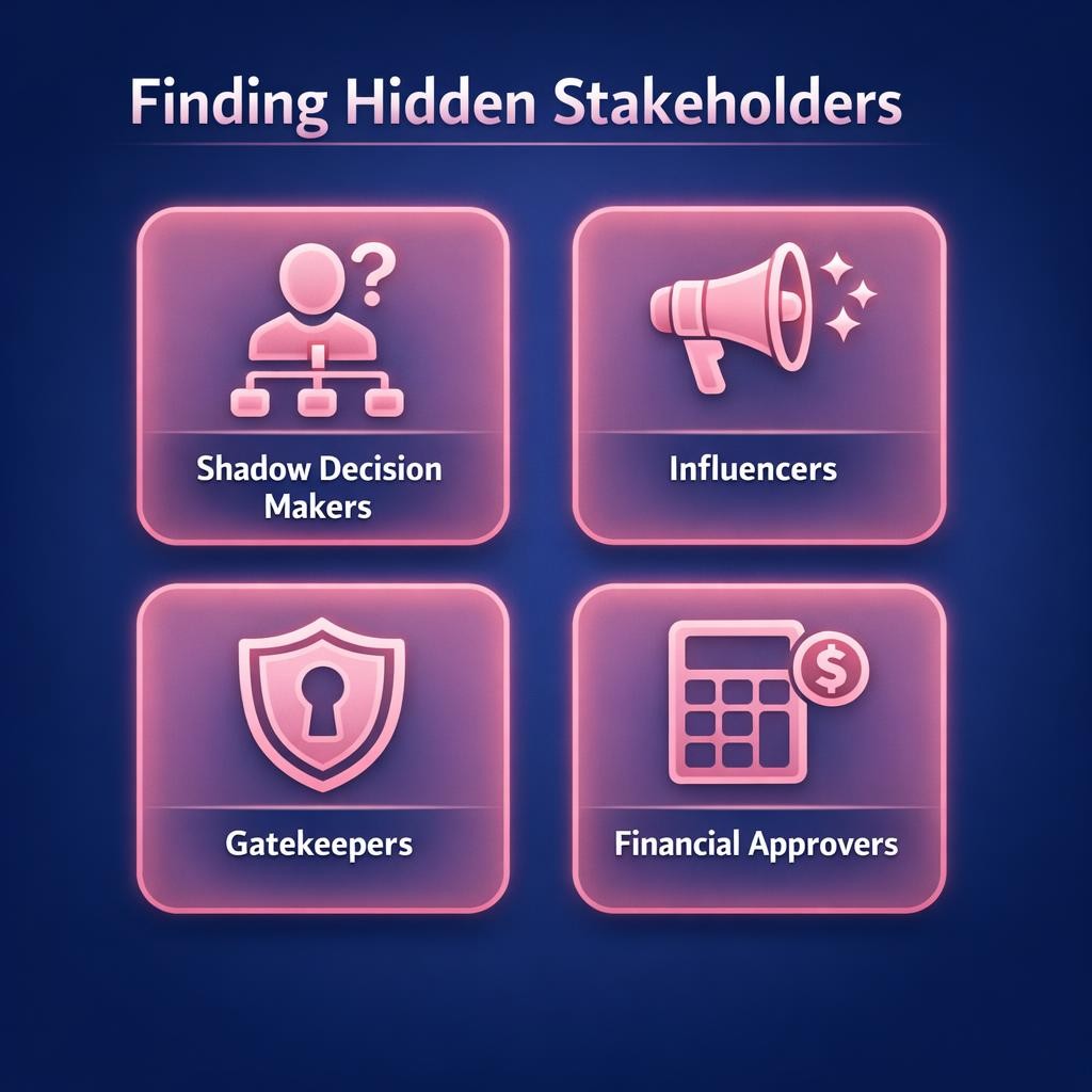 Finding Hidden Stakeholders — key stats, steps and framework infographic for B2B revenue teams | Revspire