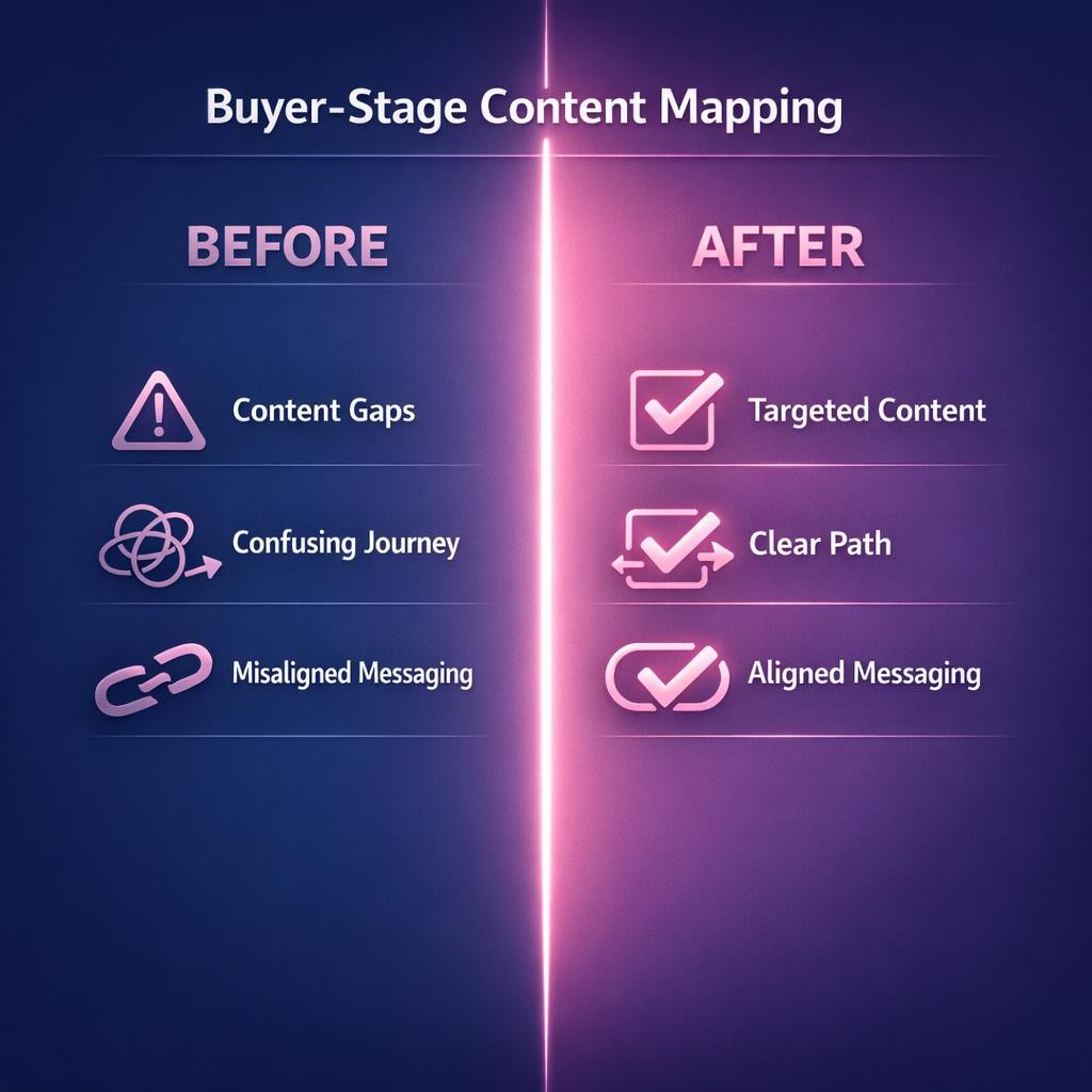 Buyer-Stage Content Mapping — key stats, steps and framework infographic for B2B revenue teams | Revspire