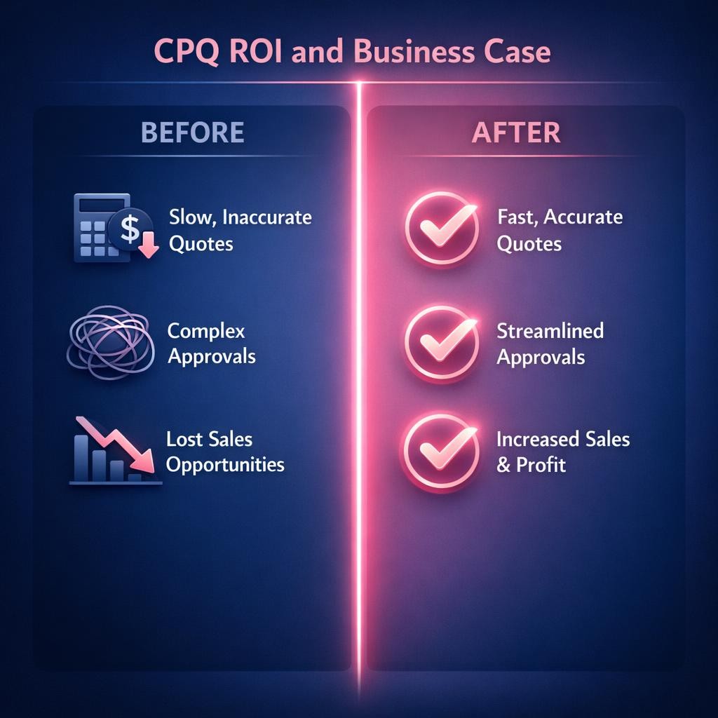 CPQ ROI and Business Case — key stats, steps and framework infographic for B2B revenue teams | Revspire