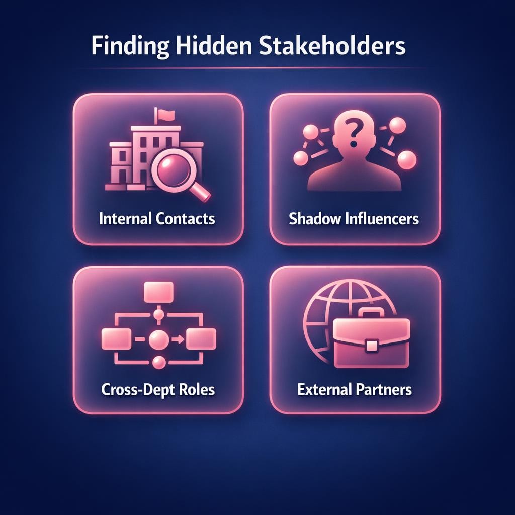 Finding Hidden Stakeholders — key stats, steps and framework infographic for B2B revenue teams | Revspire