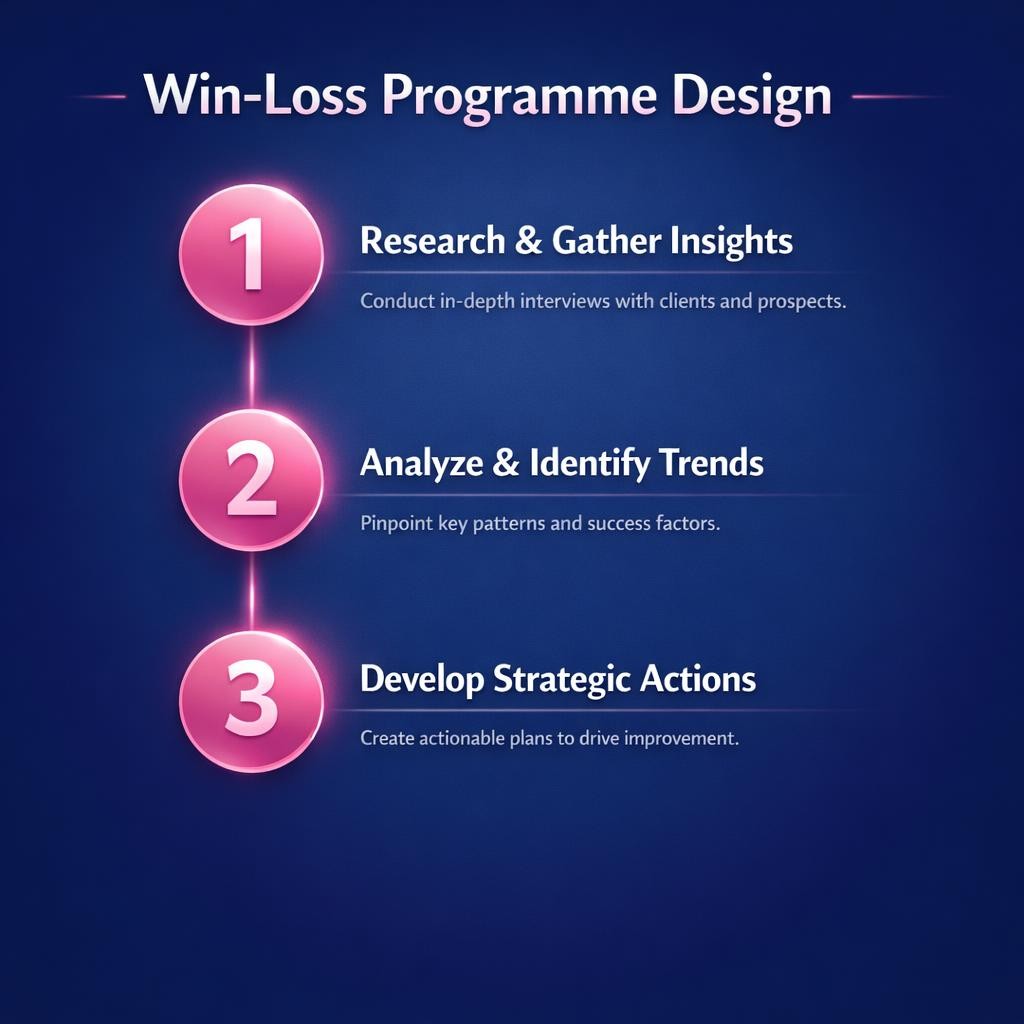 Win-Loss Programme Design — key stats, steps and framework infographic for B2B revenue teams | Revspire