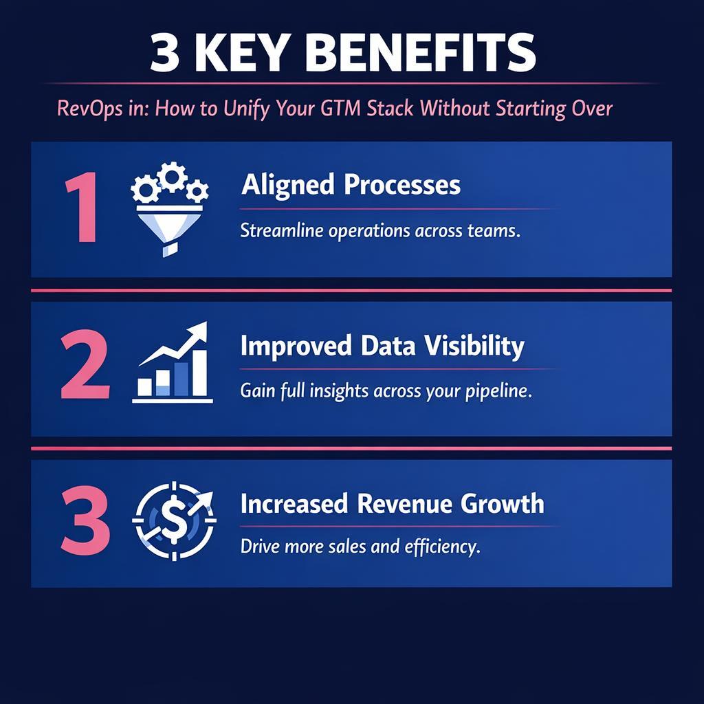 RevOps in : How to Unify Your GTM Stack Without Starting Over — key stats, steps and framework infographic for B2B revenue teams | Revspire
