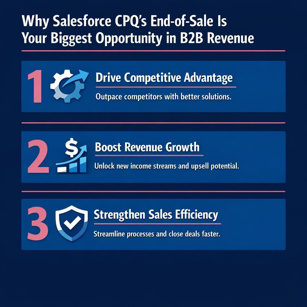 Why Salesforce CPQ's End-of-Sale Is Your Biggest Opportunity in — key stats, steps and framework infographic for B2B revenue teams | Revspire