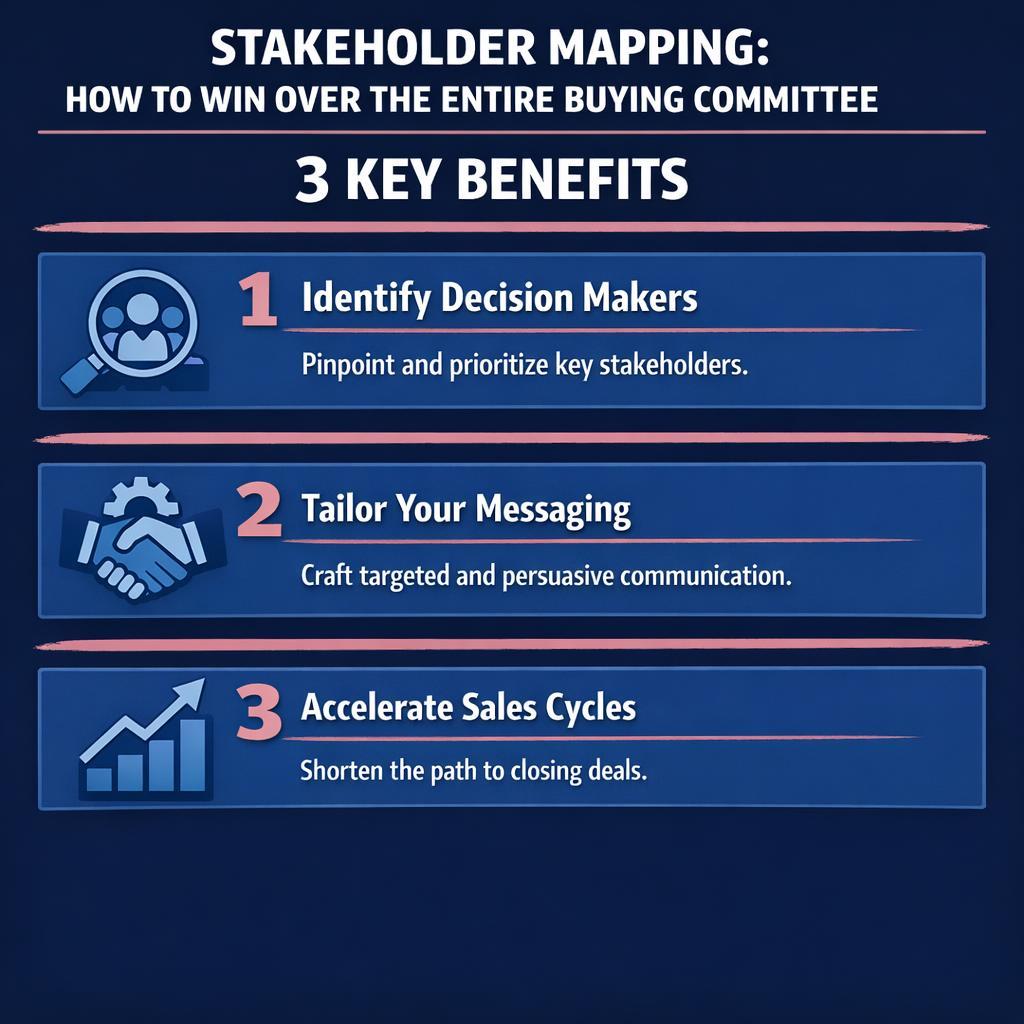 Stakeholder Mapping: How to Win Over the Entire Buying Committee (Not  — key stats, steps and framework infographic for B2B revenue teams | Revspire