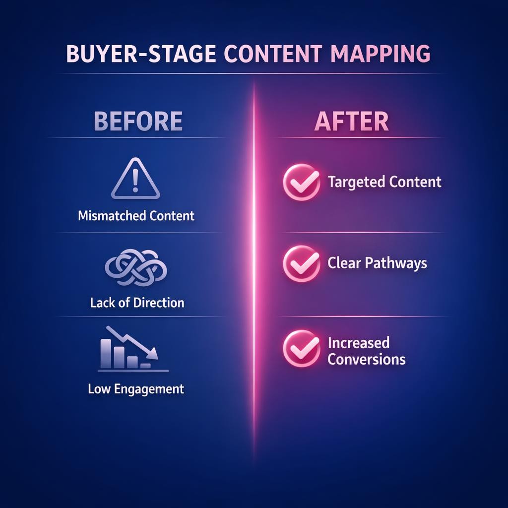Buyer-Stage Content Mapping — key stats, steps and framework infographic for B2B revenue teams | Revspire