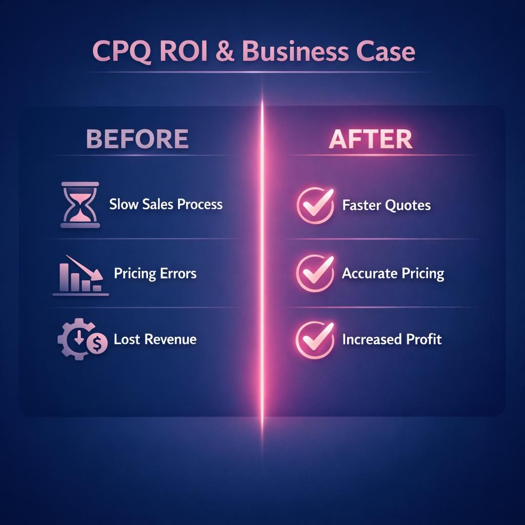 CPQ ROI and Business Case — key stats, steps and framework infographic for B2B revenue teams | Revspire