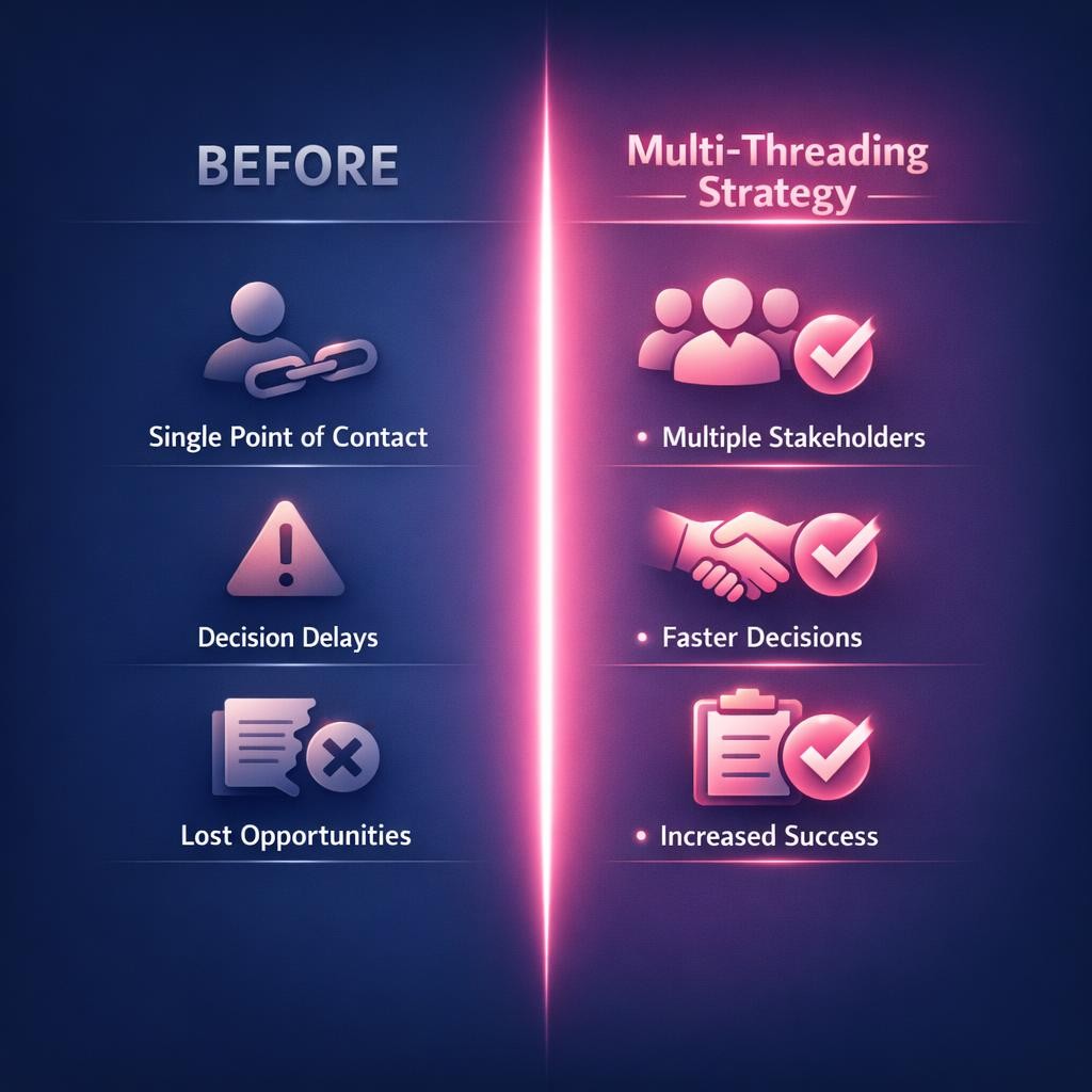 Multi-Threading Strategy — key stats, steps and framework infographic for B2B revenue teams | Revspire