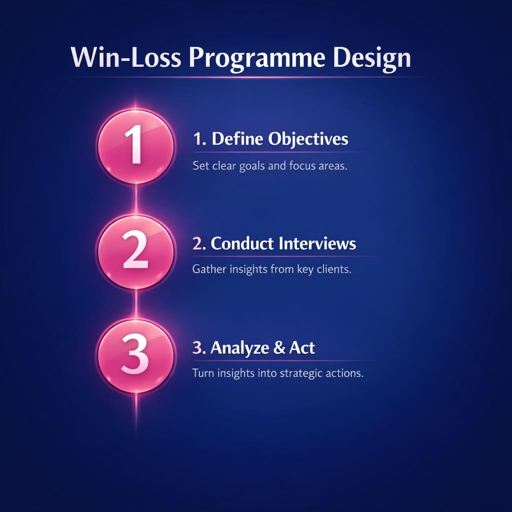 Win-Loss Programme Design — key stats, steps and framework infographic for B2B revenue teams | Revspire