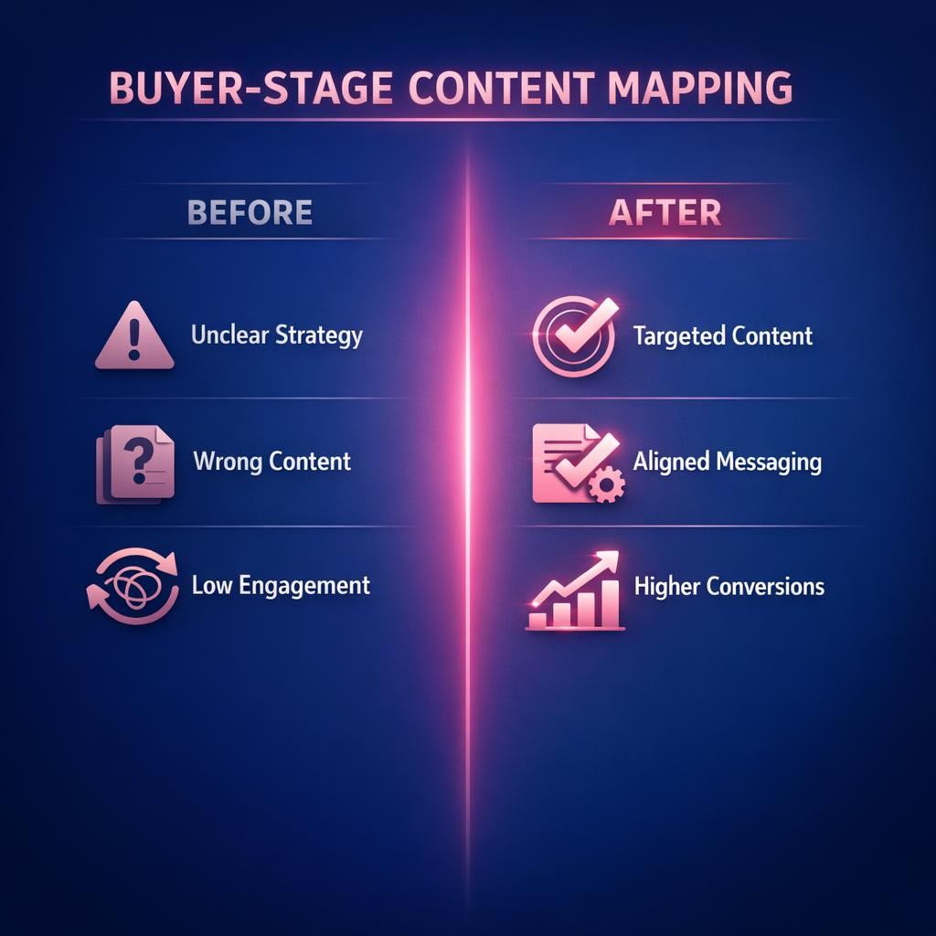Buyer-Stage Content Mapping — key stats, steps and framework infographic for B2B revenue teams | Revspire