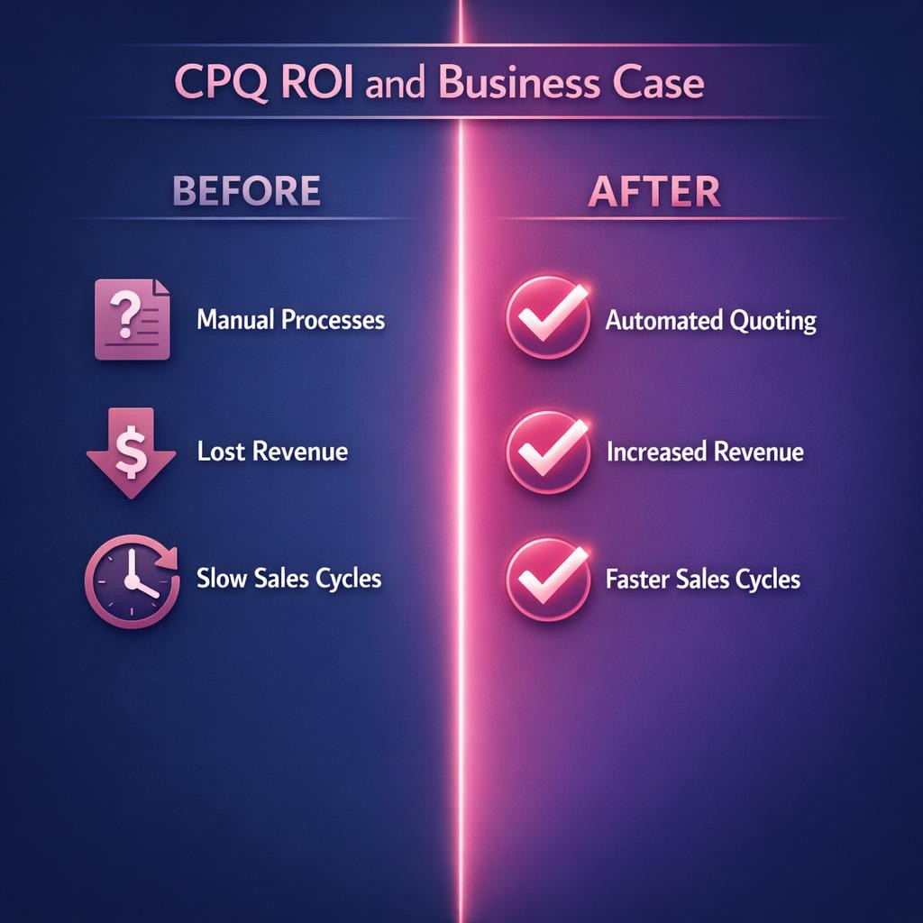 CPQ ROI and Business Case — key stats, steps and framework infographic for B2B revenue teams | Revspire