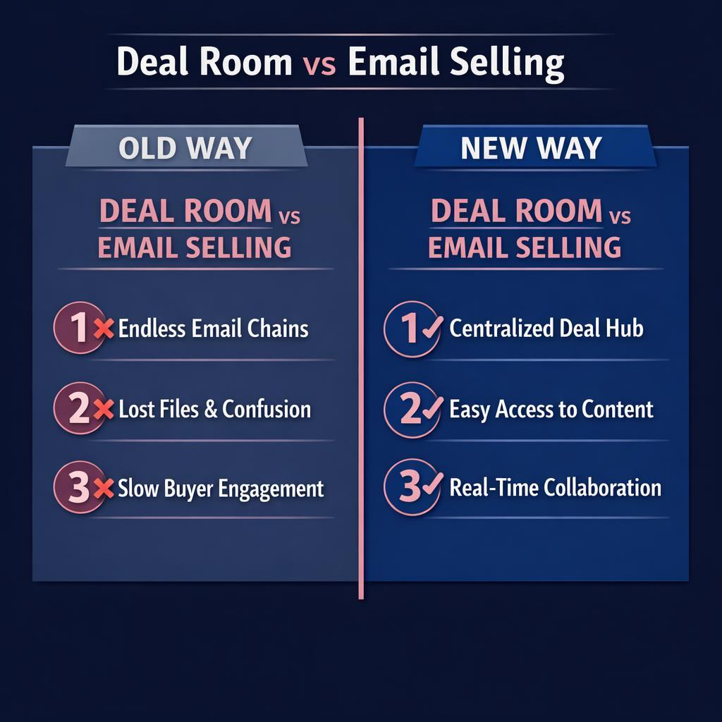 Deal Room vs Email Selling — key stats, steps and framework infographic for B2B revenue teams | Revspire