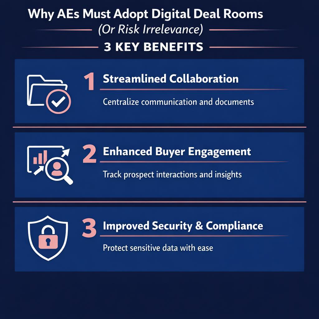 Why AEs Must Adopt Digital Deal Rooms in (Or Risk Irrelevance) — key stats, steps and framework infographic for B2B revenue teams | Revspire