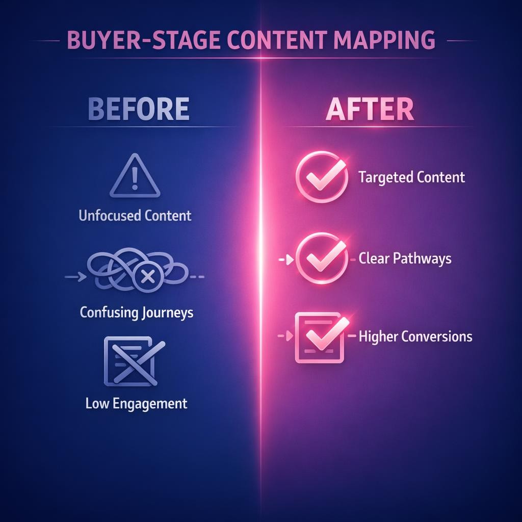 Buyer-Stage Content Mapping — key stats, steps and framework infographic for B2B revenue teams | Revspire