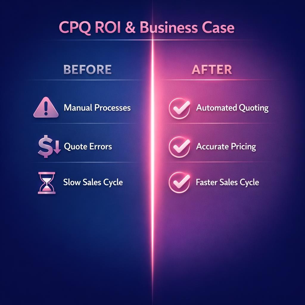 CPQ ROI and Business Case — key stats, steps and framework infographic for B2B revenue teams | Revspire
