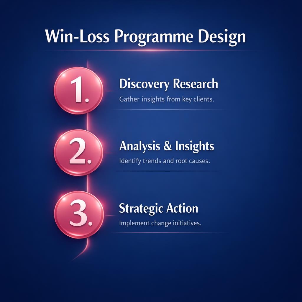 Win-Loss Programme Design — key stats, steps and framework infographic for B2B revenue teams | Revspire