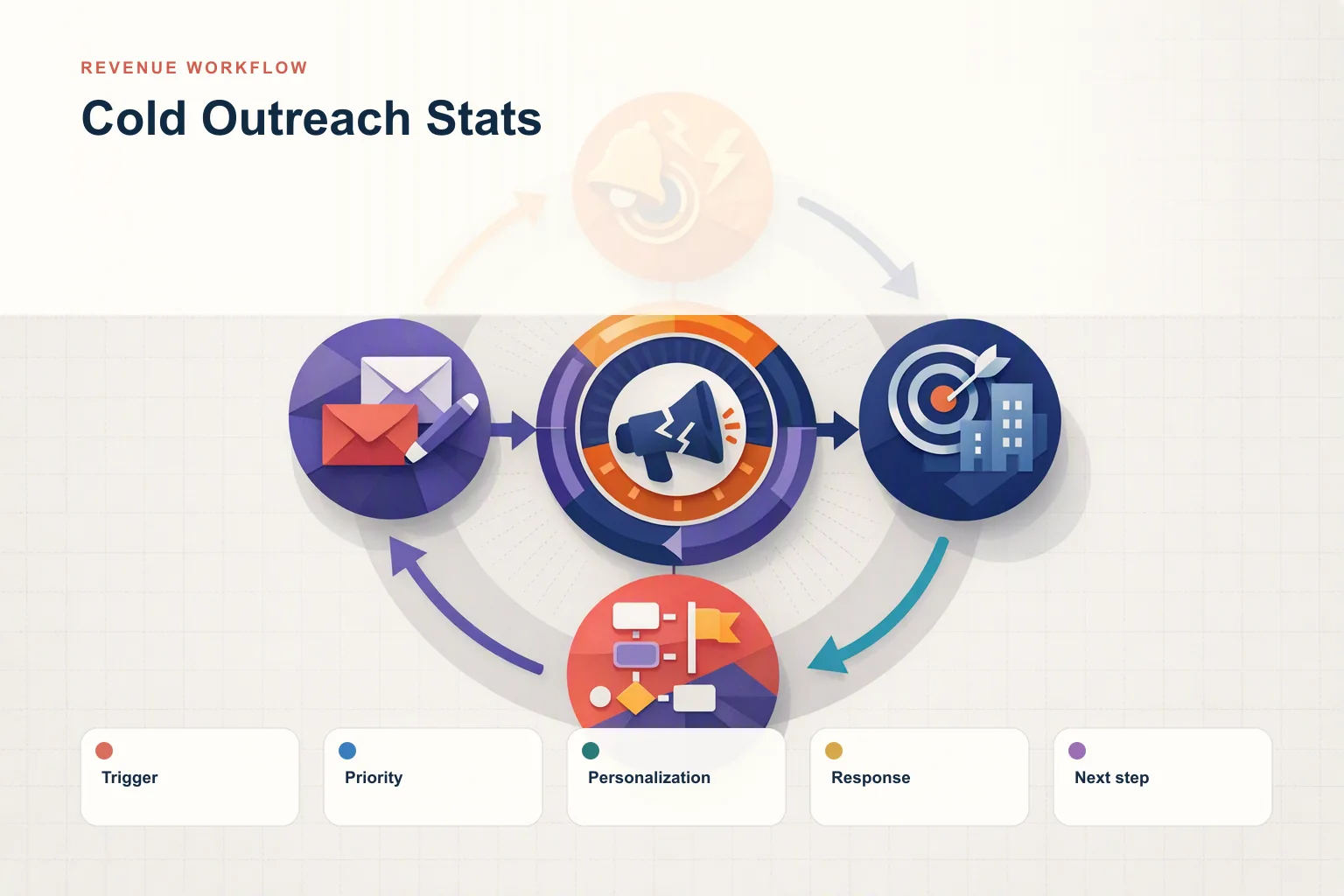 Infographic showing Cold Outreach Stats: Trigger, Priority, Personalization, Response, and Next step connected as one revenue workflow.