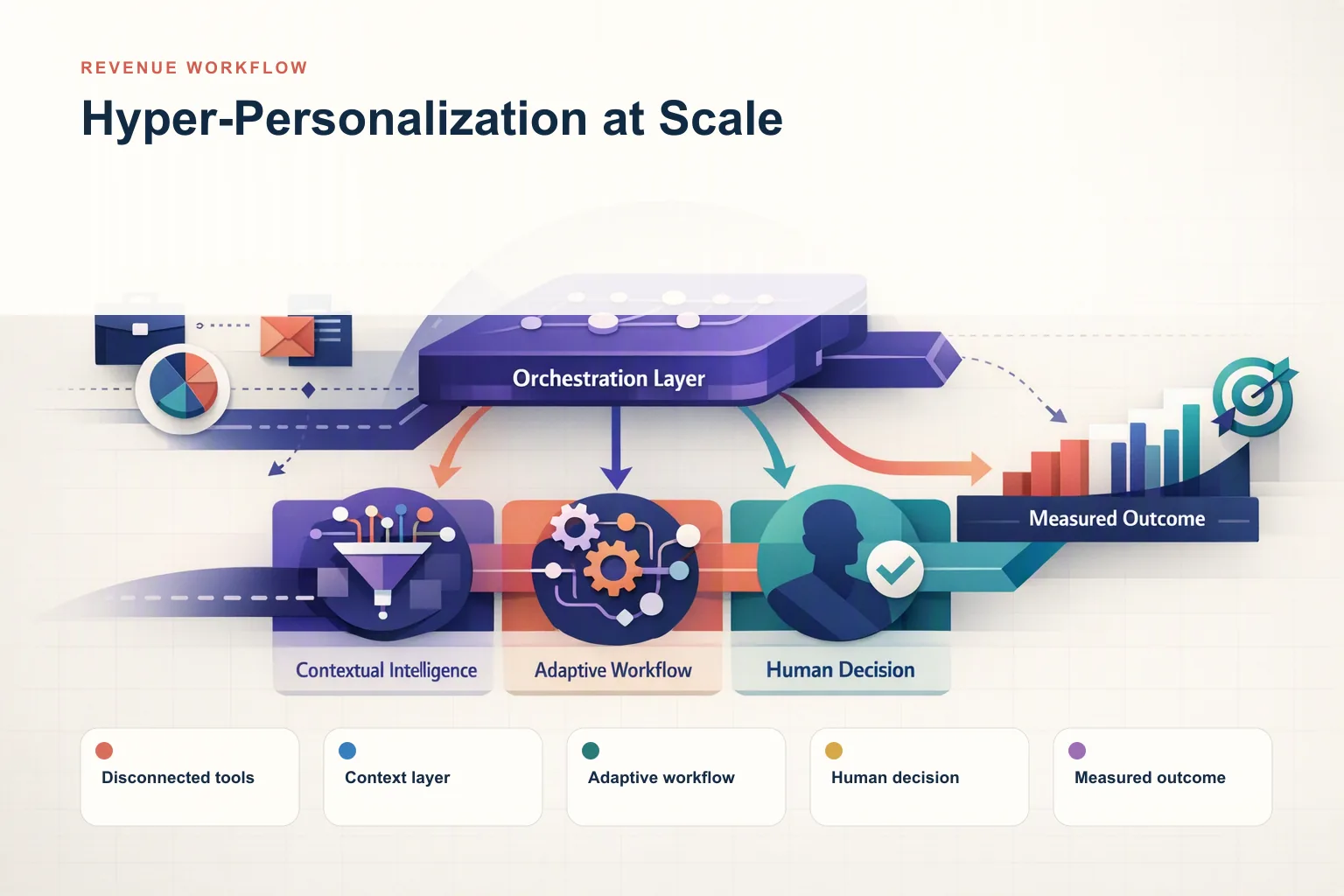 Infographic showing Hyper-Personalization at Scale: Disconnected tools, Context layer, Adaptive workflow, Human decision, and Measured outcome connected as one revenue workflow.