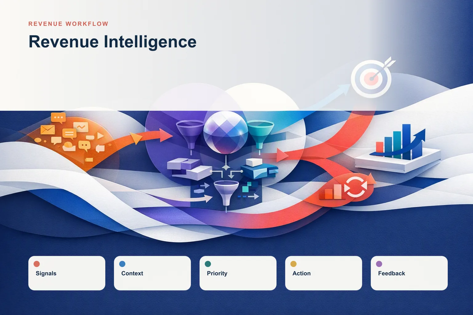 Infographic showing Revenue Intelligence: Signals, Context, Priority, Action, and Feedback connected as one revenue workflow.