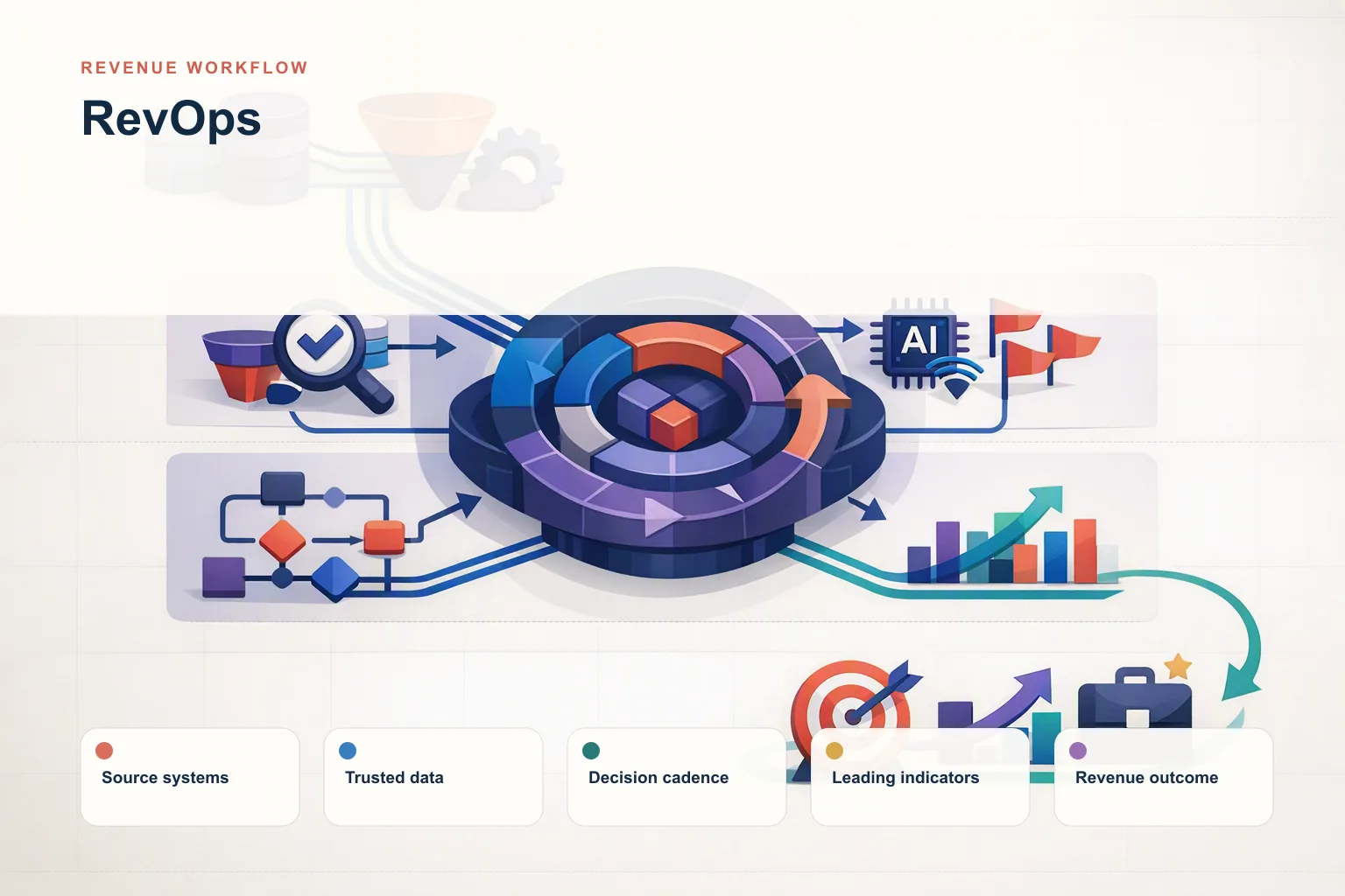Infographic showing RevOps: Source systems, Trusted data, Decision cadence, Leading indicators, and Revenue outcome connected as one revenue workflow.