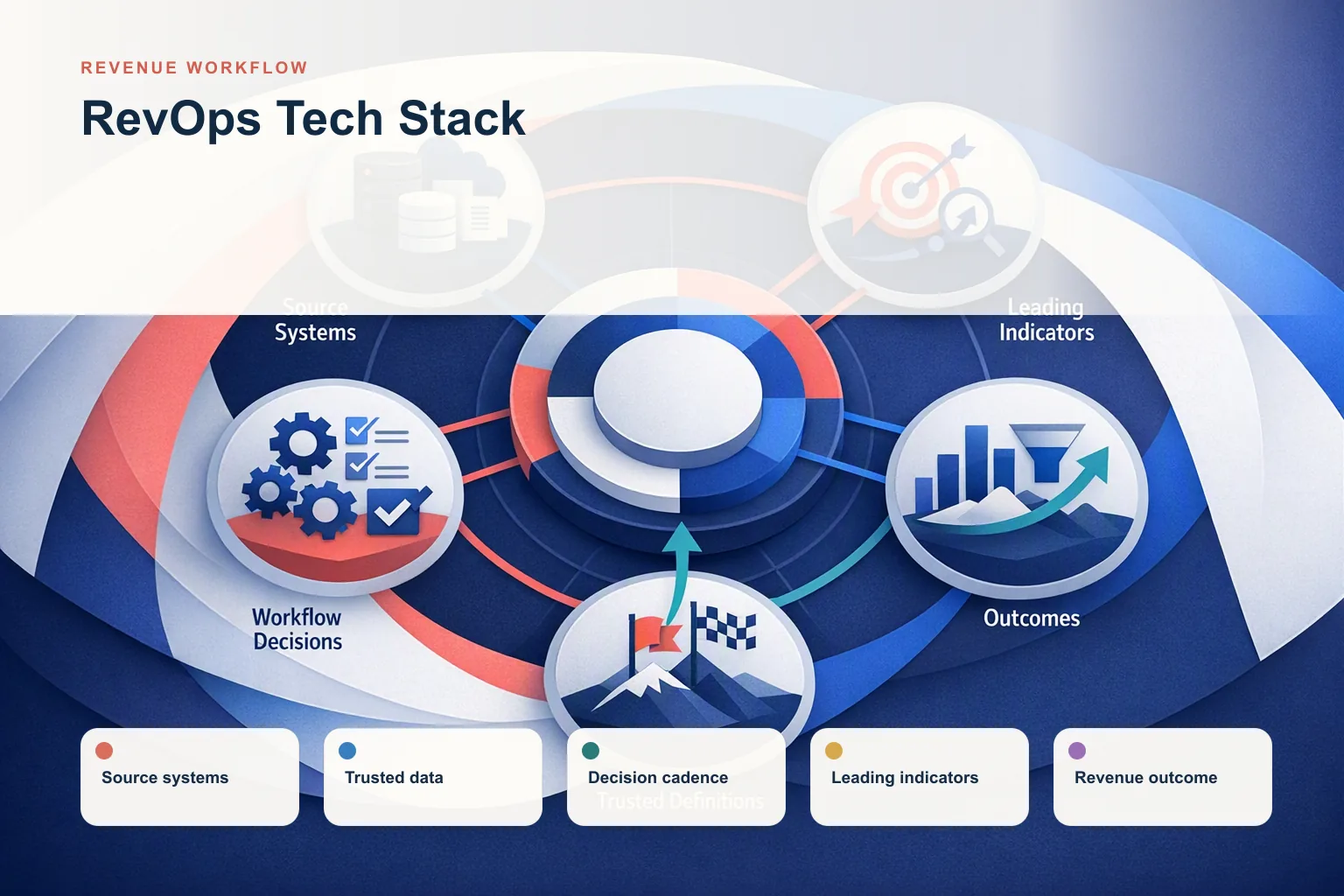 Infographic showing RevOps Tech Stack: Source systems, Trusted data, Decision cadence, Leading indicators, and Revenue outcome connected as one revenue workflow.